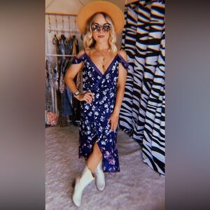 Blue floral off the shoulder lace maxi dress